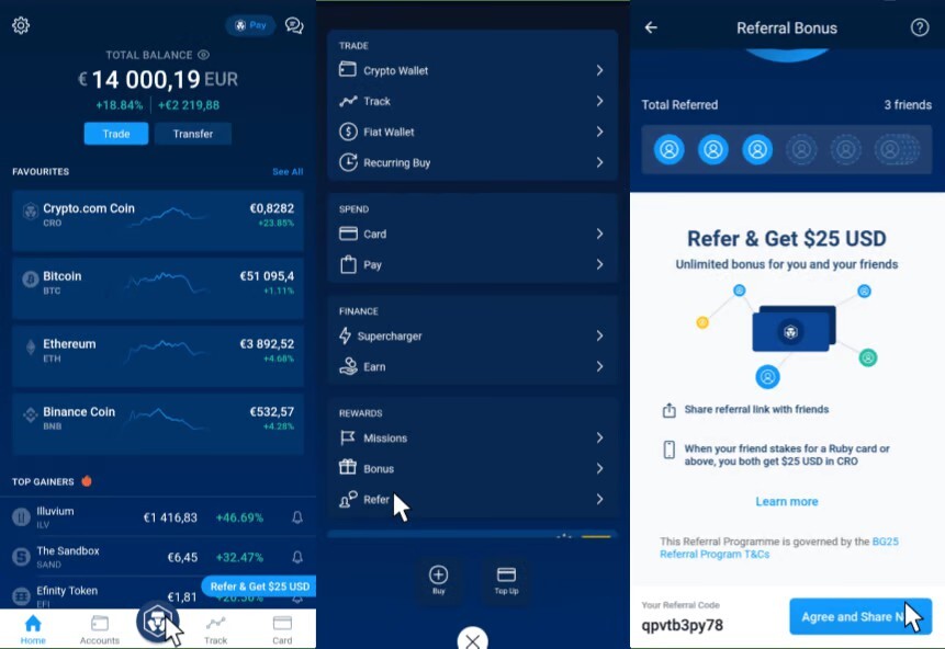 Accéder à l'espace de parrainage sur l'application Crypto.com