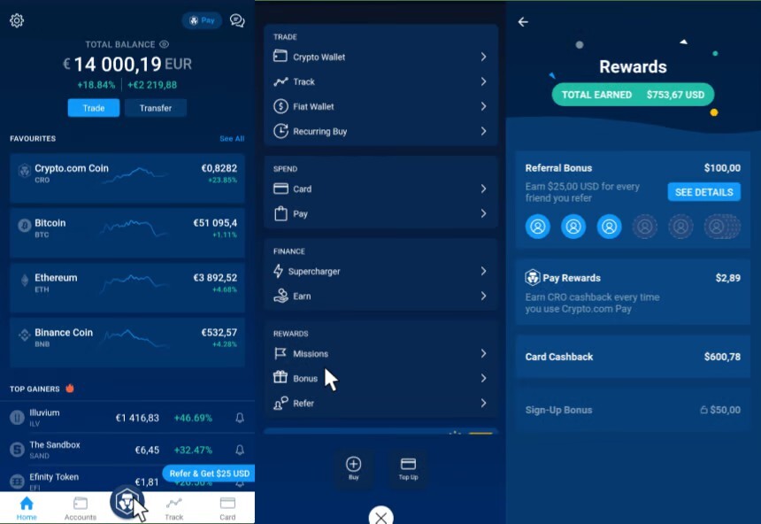 Accéder à l'espace des récompenses sur l'application Crypto.com