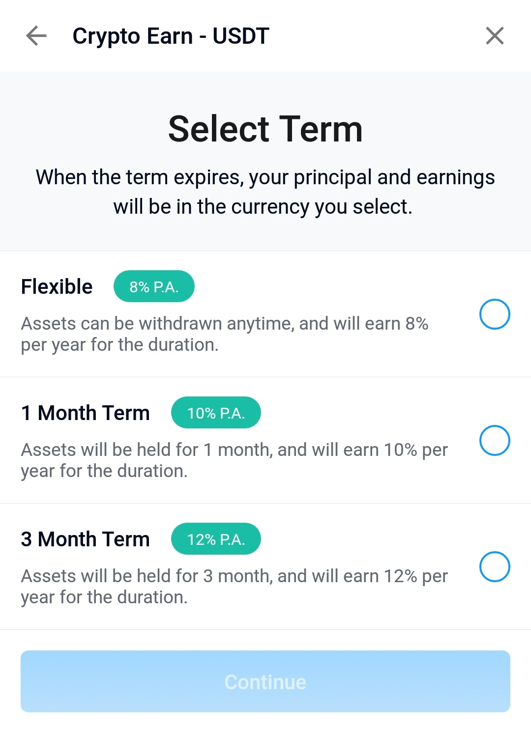 Capture d'écran de l'interface Crypto Earn
