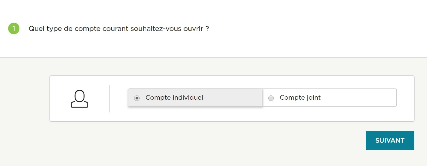 Capture d'écran du choix entre compte individuel et compte joint Fortuneo