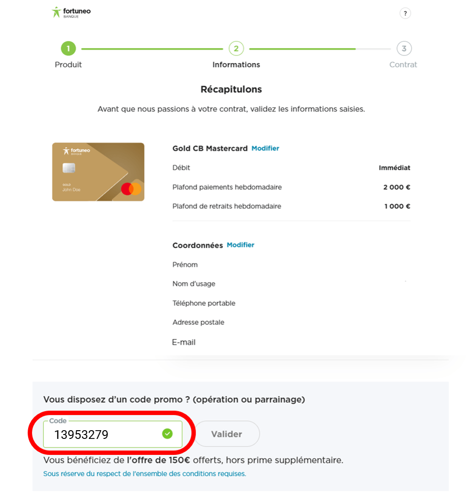 Capture d'écran de la saisie du code de parrainage Fortuneo