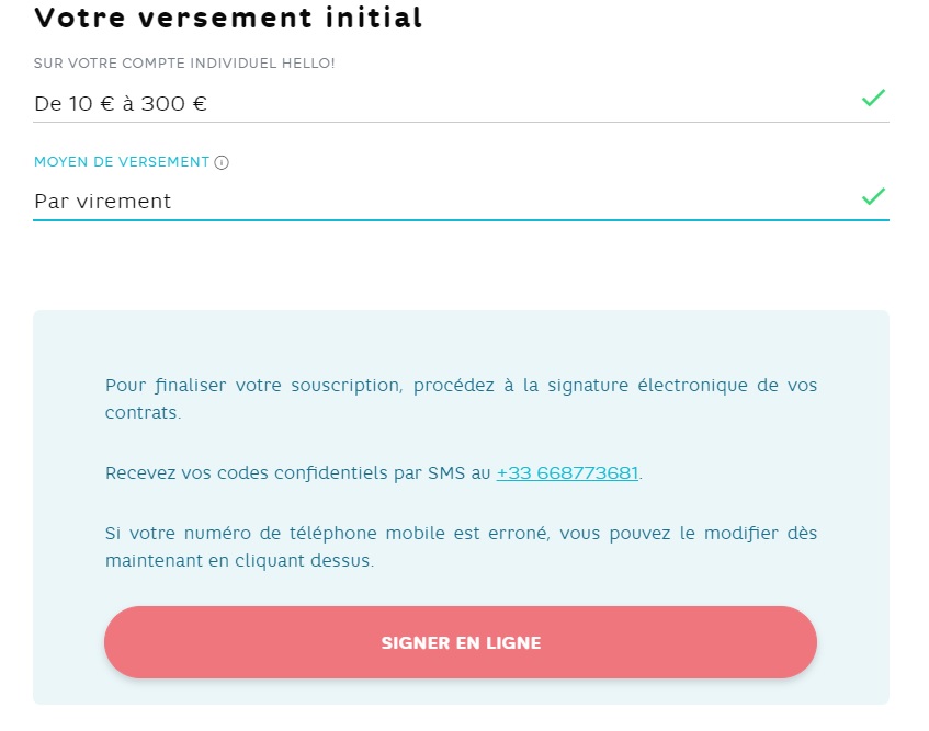 Étape du virement initial Hello Bank
